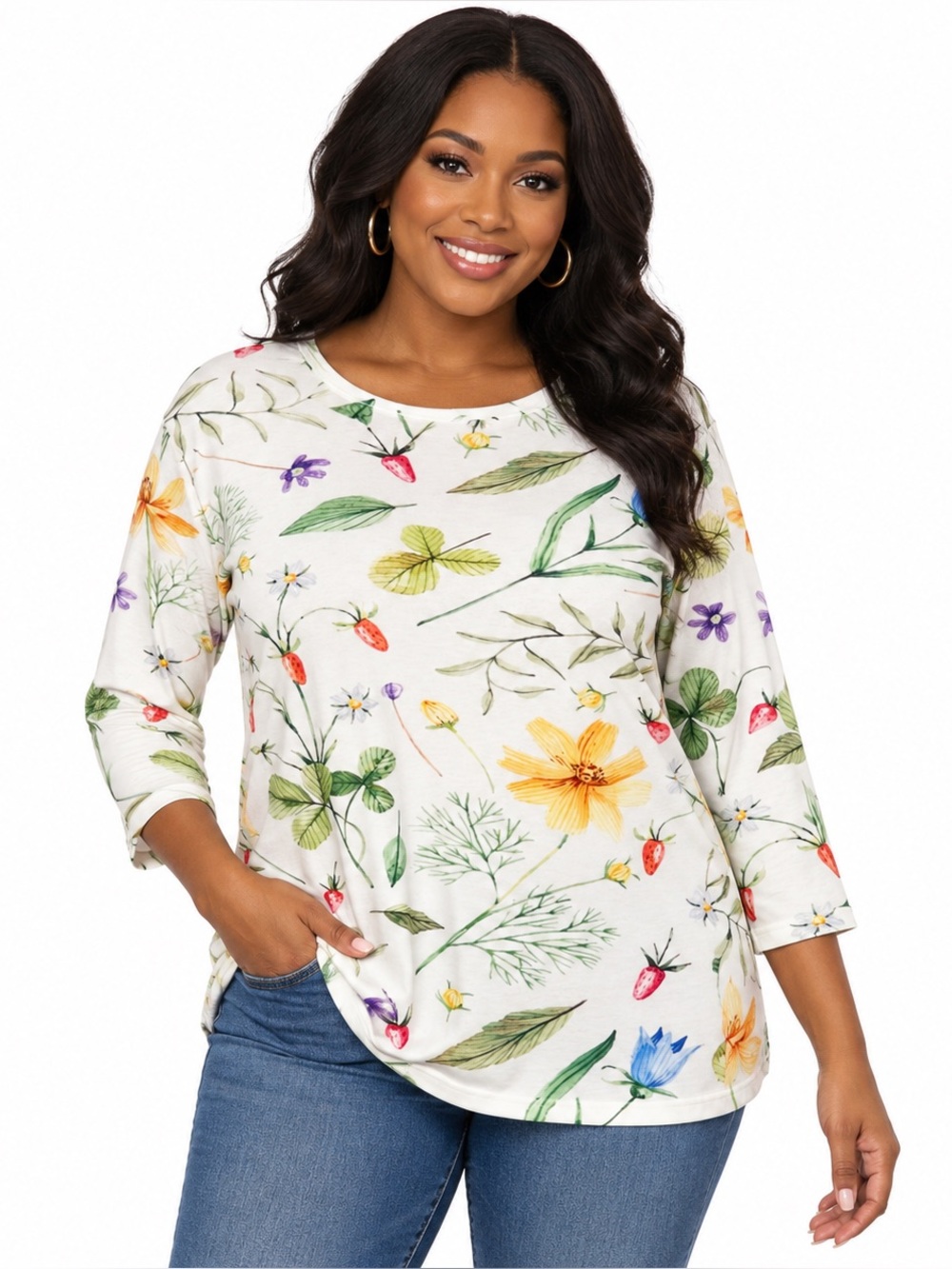 UNBRANDED Botanical Strawberry Floral 3/4 Sleeve Top White Large